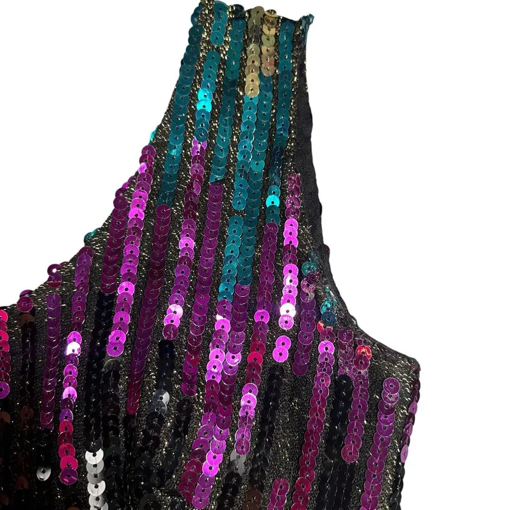 Vintage Alyce 1980s Sequin Mini Party Cocktail Dress Purple Green Gold Sz Med/10